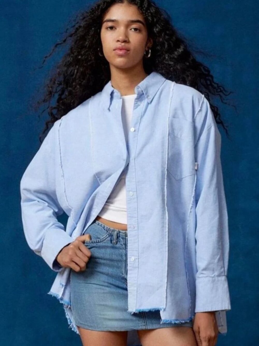 BDG Spliced Fringe Oversized Dad Button-Down Shirt NWOT Blue Denim Size S